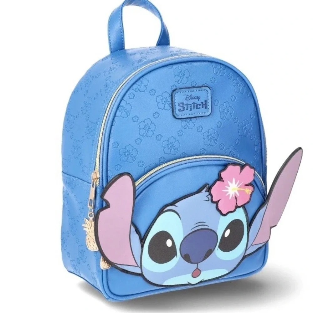 Disney Stitch Blue Hibiscus Floral Embossed Mini Backpack 3D Ears Faux Leather